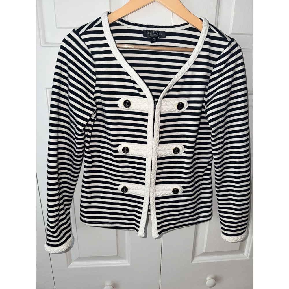 Vtg‎ Katherine New York White Black Striped Knit Blazer Jacket Boho Unique M